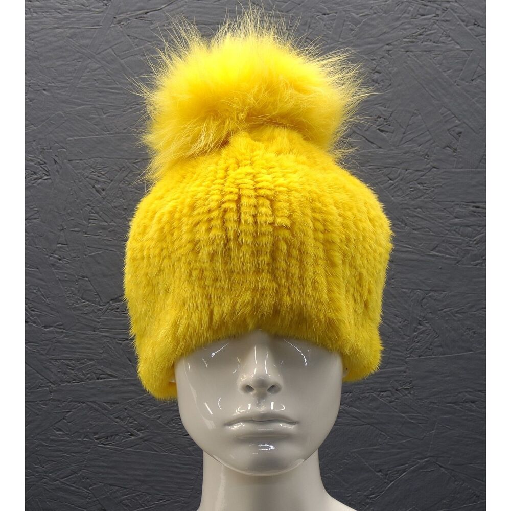 Linda Richards New York Pom Hat | Yellow, Genuine Fur Beanie